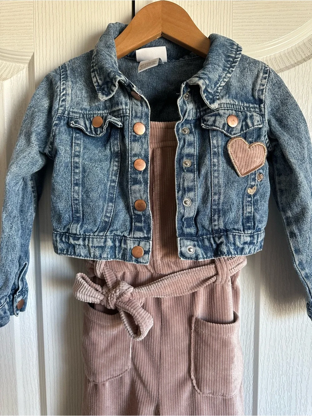 Little Lass Girls 2Pc Plush Corduroy Jumpsuit Denim Jacket Set Size 4 Heart - Picture 2 of 8
